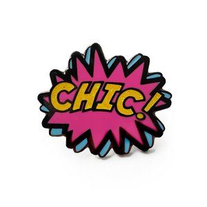 Pin Drop pink yellow pop art CHIC! text enamel pin